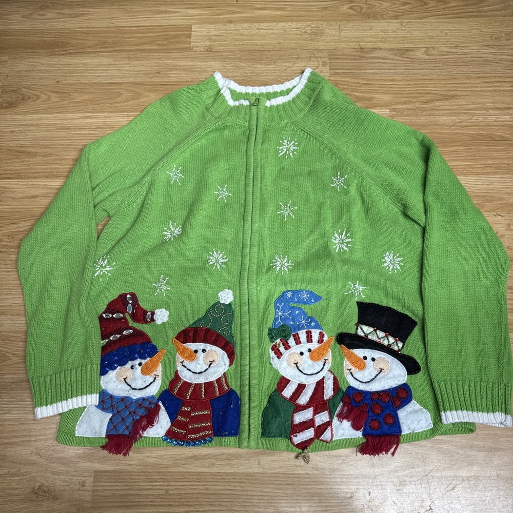 Tiara International Womens Sweater Large  Green Ugly Christmas‎ Jingle Bells Zip